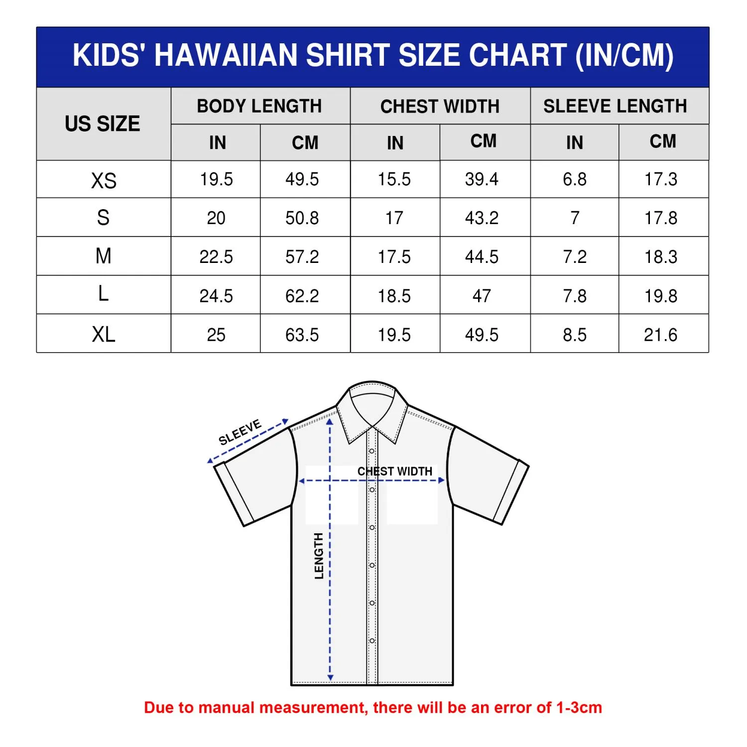 Kids' Hawaiian Shirt size Chart