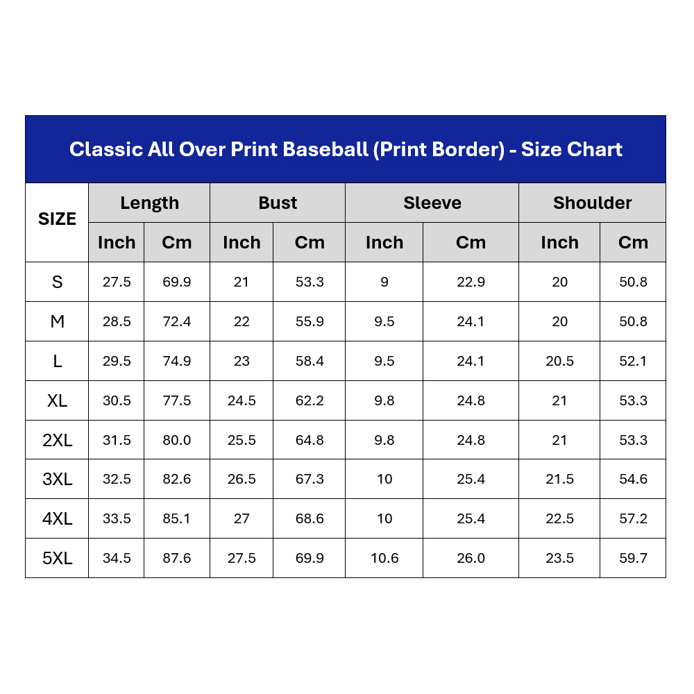 Baseball Jersey Size Guide