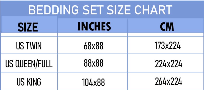 Bedding Sets Size Chart