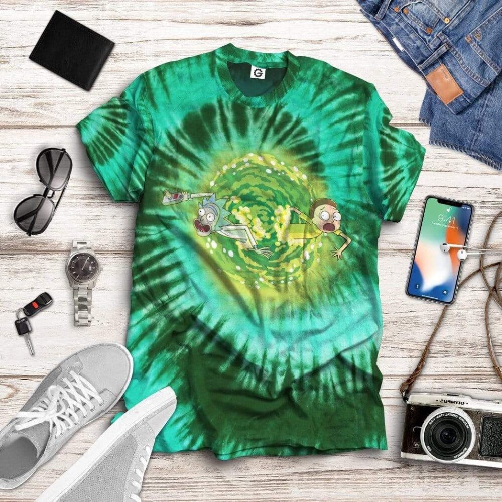 Rick And Morty Through Portal Tie Dye Green Shirt in floor