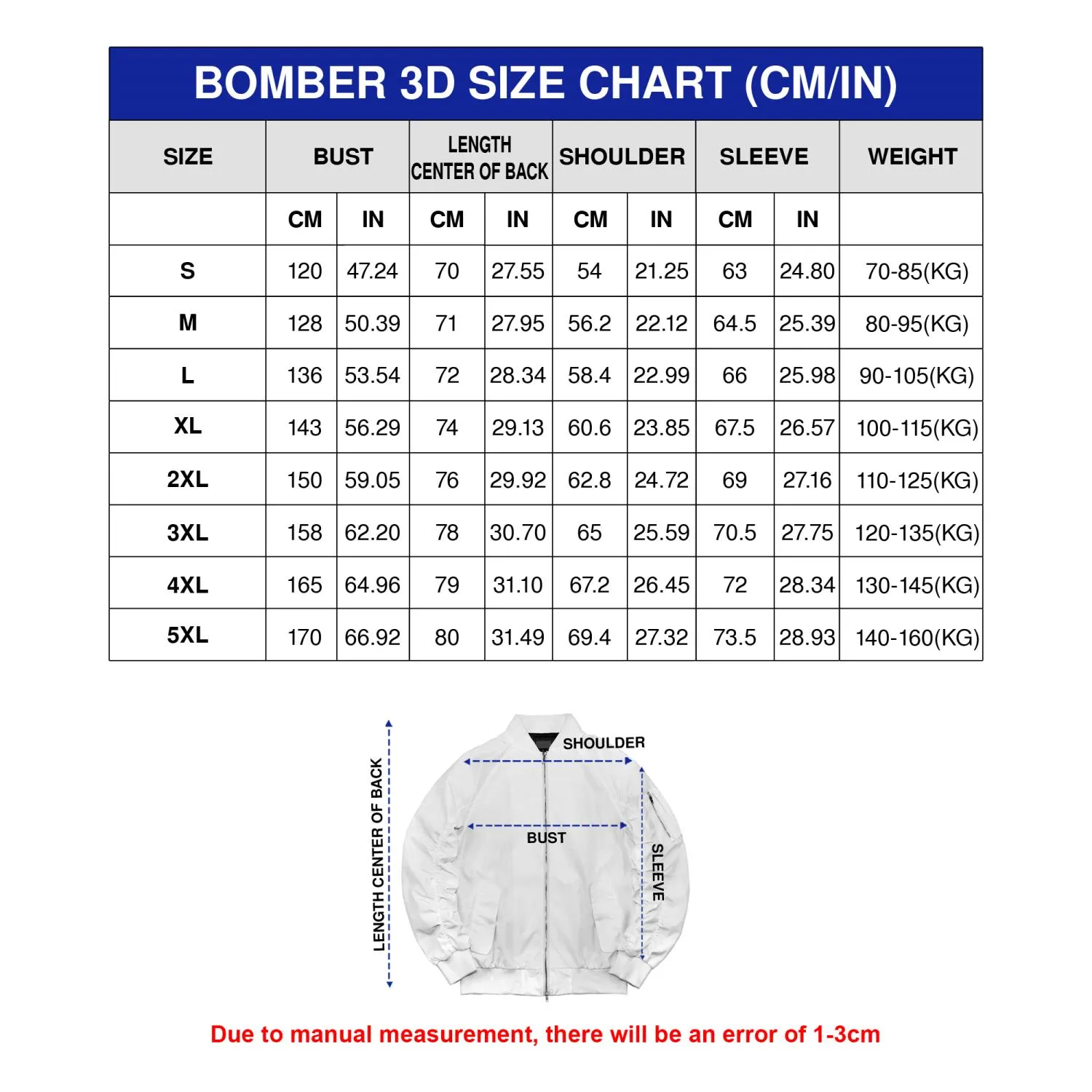 Bomber Jacket Size Chart