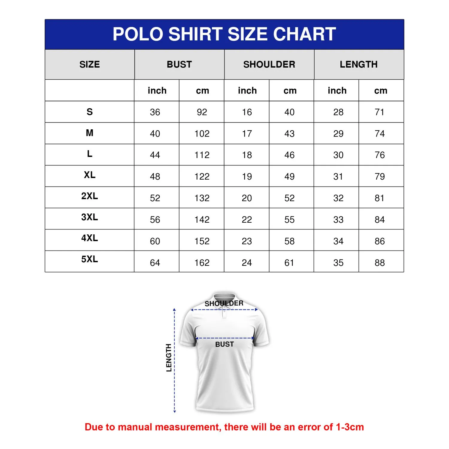 Polo Shirt size chart