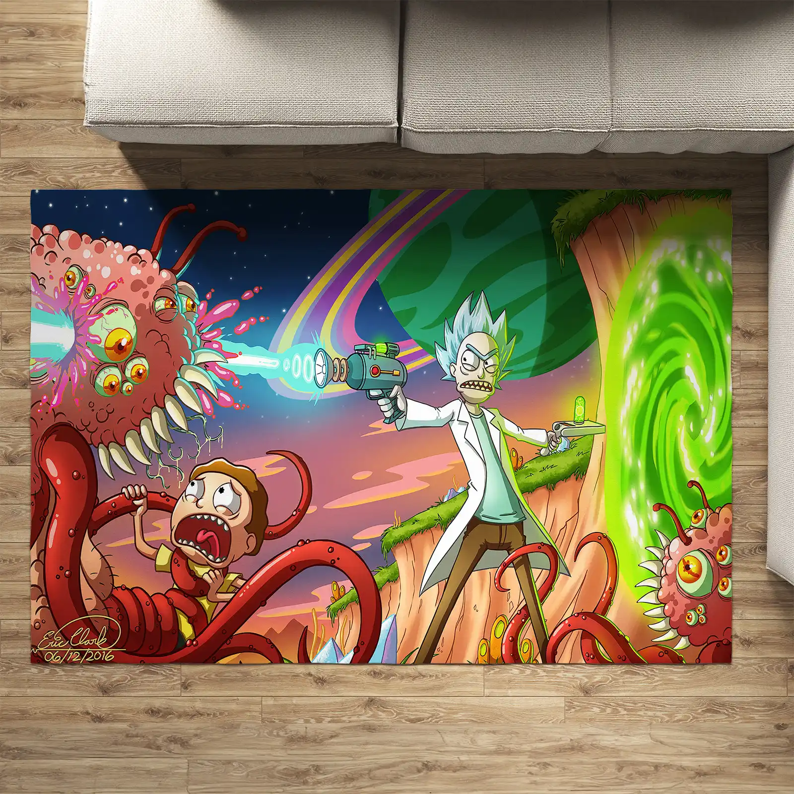 Rick and Morty Alien Creatures And A Portal Rug