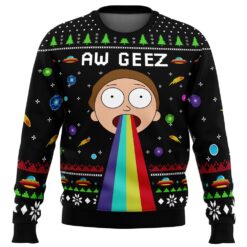 Rick And Morty Aw Geez Rainbow Barf Ugly Christmas Sweater front