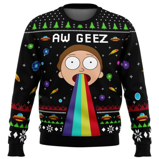 Rick And Morty Aw Geez Rainbow Barf Ugly Christmas Sweater front