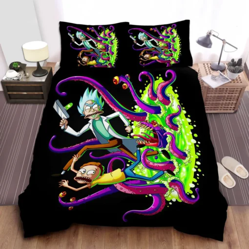 Rick And Morty Escaping Octopus Monster Colorful Bedding Set