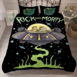 Rick And Morty In UFO Outerspace Black Green Bedding Set