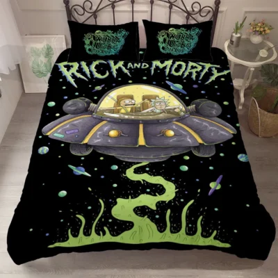 Rick And Morty In UFO Outerspace Black Green Bedding Set