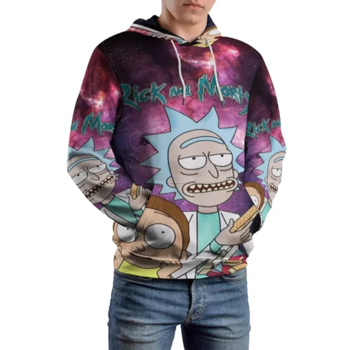 Rick and Morty Multiface Pizza Galaxy Hoodie front mockup