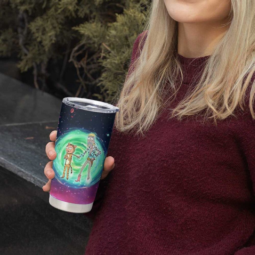 Rick and Morty Tiger King Trippy Style Tumbler with hand
