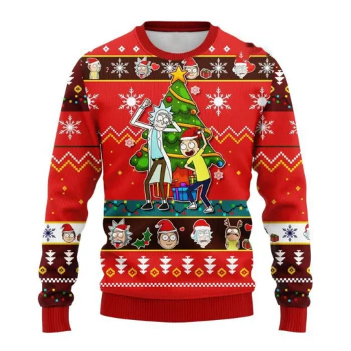 Rick and Morty Tree Showdown Red Ugly Christmas Sweater front