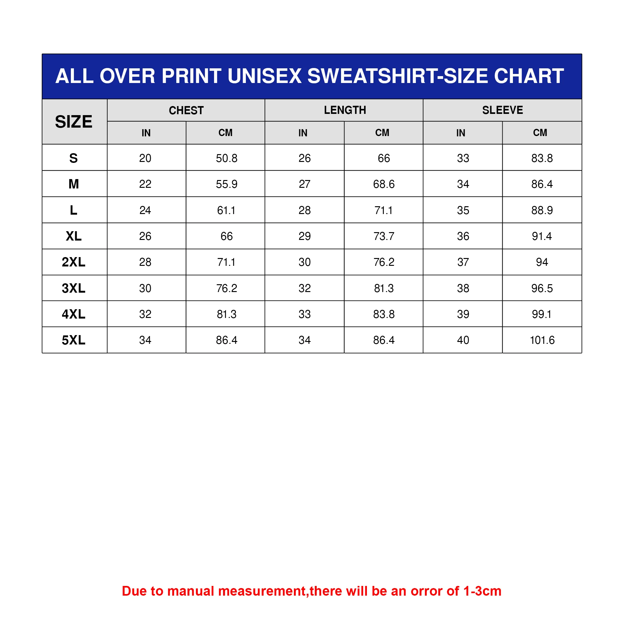 Sweatshirt Size Chart