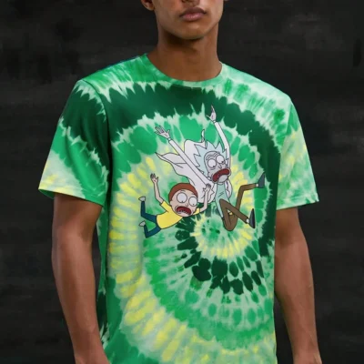 Rick and Morty Cartoon Character And Spiral Tie-Dye Shirt front