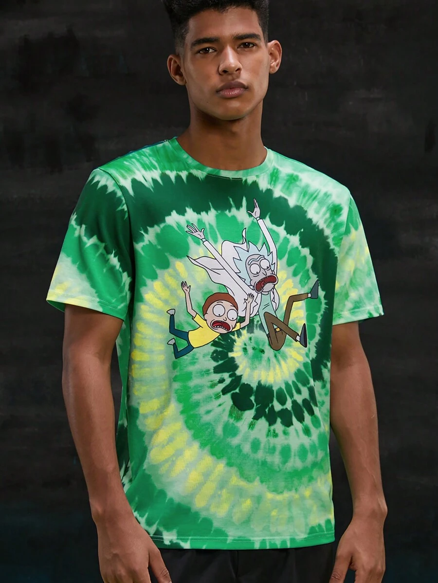 Rick and Morty Cartoon Character And Spiral Tie-Dye Shirt front